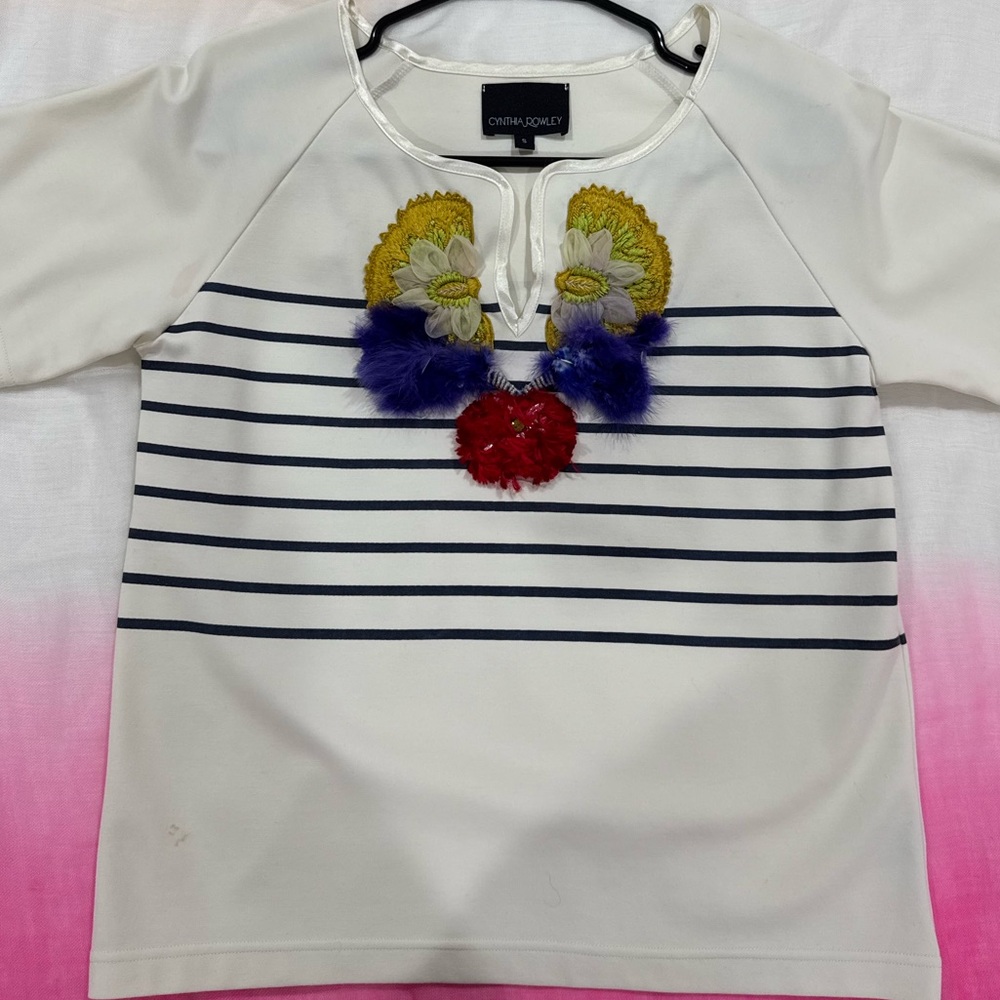 Cynthia Rowley White and Navy Striped Tee with Floral Embellishments